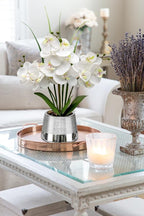 Oairse Artificial White Phalaenopsis Orchid Flower Arrangements Faux Orchid Flower in Silver Pot Orchid Centerpiece for Dining Room Table