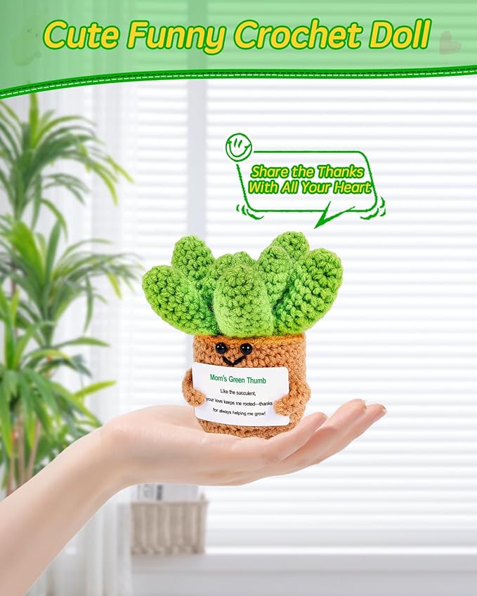 JELUTAR Gifts for Mom Crochet Positive Succulent, Mother's Day Birthday Gifts from Daughter Son for Mom Friends Wife Cute Funny Plant Decors (Mom's Green Thump)