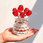 YWHL Handmade Crystal Red Rose Flower Figurine With Round Vase, Romantic Gifts for Women on Anniversary Mother's Day Birthday, Collectible Figurines for Home Party Wedding Decorations