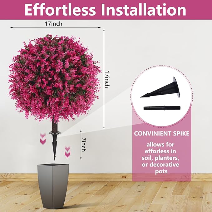 Artificial Pink Eucalyptus Topiary Ball Trees with Ground Spike, Set of 2 UV Resistant Artificial Shrubs, Fake Evergreen Artificial Plant Bushes for Indoor Outdoor Front Porch Garden