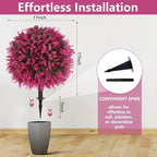 Artificial Pink Eucalyptus Topiary Ball Trees with Ground Spike, Set of 2 UV Resistant Artificial Shrubs, Fake Evergreen Artificial Plant Bushes for Indoor Outdoor Front Porch Garden