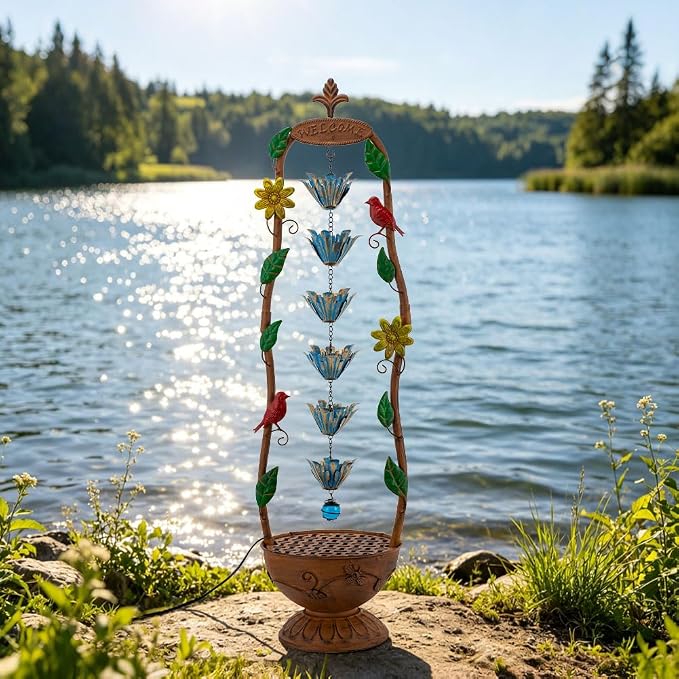 40" Vintage Metal Floor Water Fountain - Soothing Waterfall Outdoor Fountains with 6 Hanging Cups for Garden Patio Backyard Deck Decor, 1108 - Copper Birds & Flower