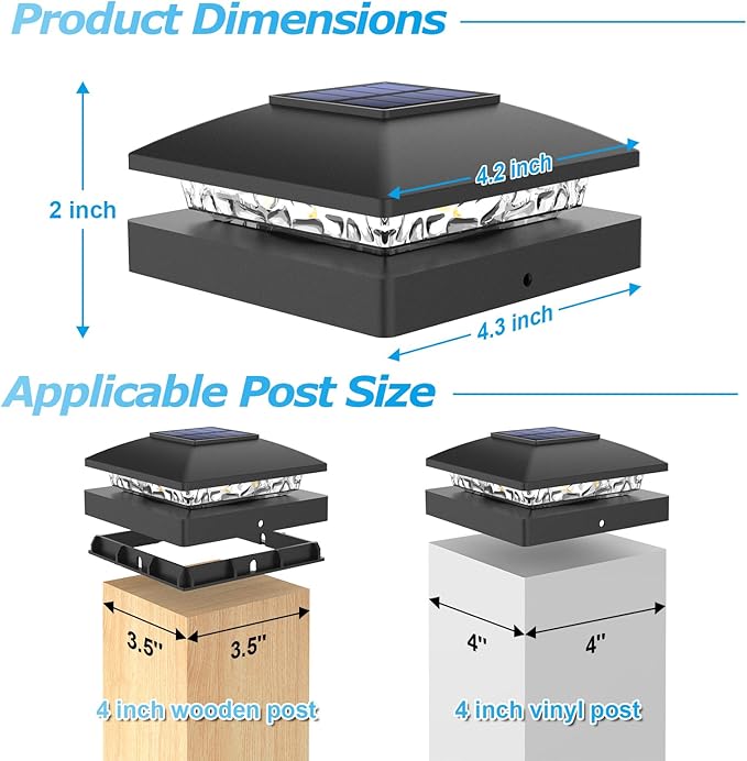 VOLISUN 4x4 Solar Post Cap Light 8pack,Solar Fence - Post Lights Outdoor Waterproof for Wooden/Vinyl Post,Black Deck Post Cap Light Solar Powered with Warm White for Garden/Patio/Porch
