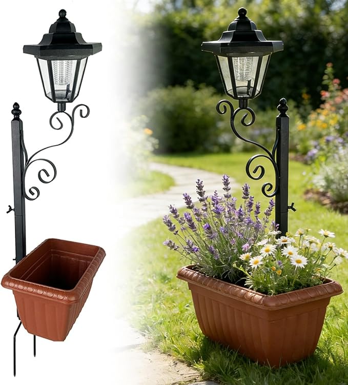 Solar Floor Lamps with Planter (2-in-1 Design), Solar Lamp Post Light with Planter with Posts, Ground Stakes, Planters, & Wall Mount Hardware, Outdoor Lights for Patio, Porch, Deck, Yard (Brown)