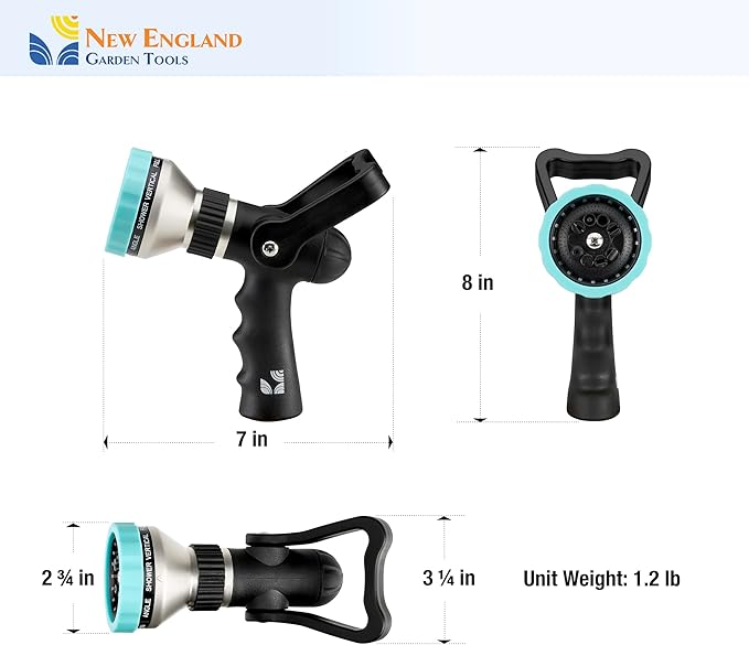 Heavy Duty Metal 10 Pattern Fireman’s Hose Nozzle 500003 with Lever Control and Comfort Grip by New England Garden Tools for Cleaning, Watering Plants & Yards, Washing Cars & Livestock
