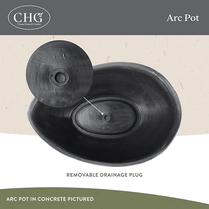 Classic Home and Garden Arc Unique Planter Bowl w/Drain Plug - UV Resistant Shallow Planter - Modern Plant Pot for Herbs (12” Concrete)