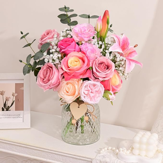 Livole 22Pcs Fake Flowers with Vase Silk Pink Artificial Flowers in Vase with Light Fake Plant Eucalyptus Flower Arrangement for Table Centerpieces Decor for Living Room Coffee Home Farmhouse