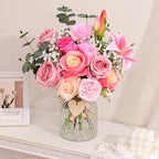 Livole 22Pcs Fake Flowers with Vase Silk Pink Artificial Flowers in Vase with Light Fake Plant Eucalyptus Flower Arrangement for Table Centerpieces Decor for Living Room Coffee Home Farmhouse