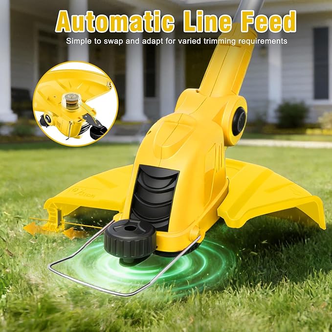 21V Cordless String Trimmer & Edger, 12" Auto-Feed Grass Cutter with 2.0Ah Battery & Fast Charger, 2-in-1 Electric Lawn Tool Includes 10 Lines for Garden and Yard Maintenance-Yellow