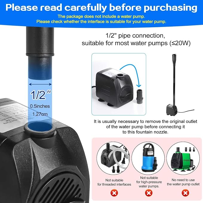 Plastic Fountain Nozzle 1/2, Fountain Head for Garden, Ponds, Tabletop Fish Ponds, Use for Indoor and Outdoor, 9 Components and 5 Different Shapes for Easy Installation, Pool Aerator Nozzle