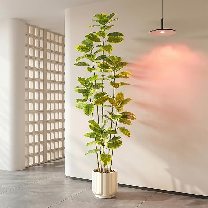 Ficus Tree Artificial Plants Indoor, 7FT Tall Fake Trees in White Pot, Large Potted Silk Floor Plant Artificial Trees, Green Lifelike Faux Ficus Tree for Home Room Office Porch Decor-Yellow