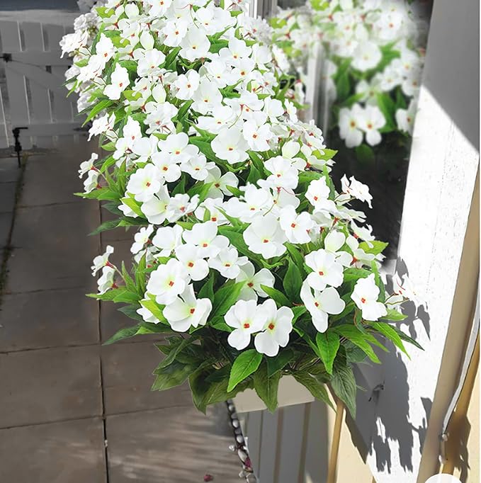 CITYES 4 Pcs Artificial Flowers Outdoor Impatiens UV Resistant Silk Impatiens Flowers White Faux Flowers Impatiens Bushes Artificial Impatiens for Pot Patio Lawn Garden Hanging Basket Porch Decor