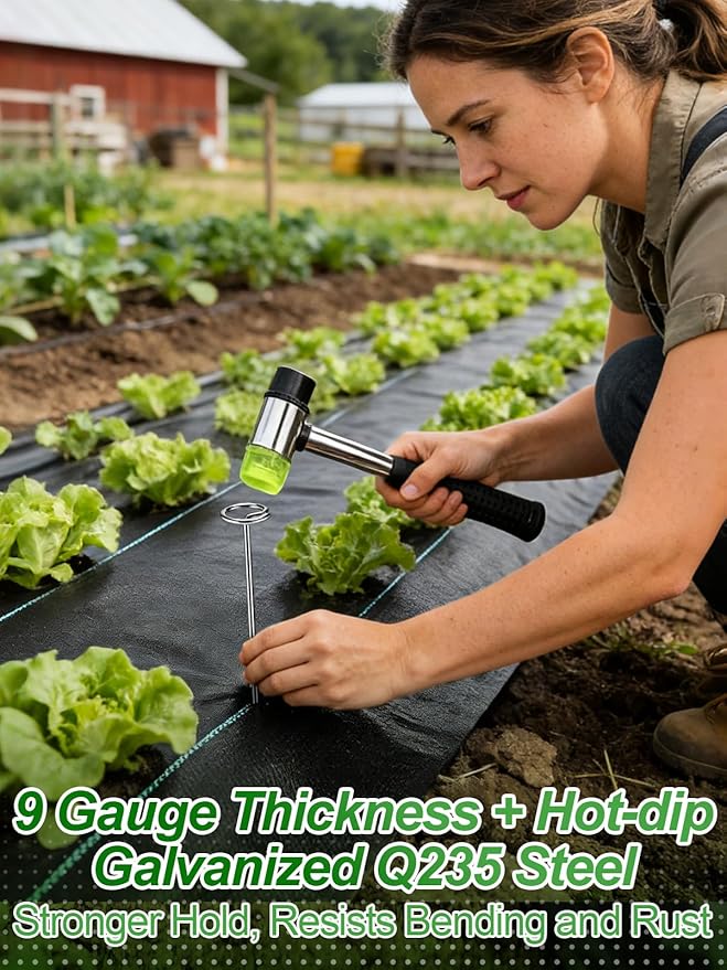 12 Inch Landscape Staples with Hook & Hammer - 120pcs Circle Top Weed Barrier Stakes Kit, 9 Gauge Galvanized Rust-Resistant Garden Fabric Pins, for SOD, Garden Edging, Install & Remove Tools Included