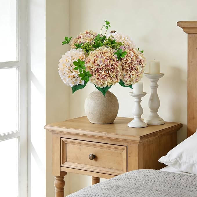 ZYTUYO 5 Pcs Champagne Mauve Silk Hydrangeas Artificial Flower Boho Dried Touch 20'' Faux Hydrangeas for Indoor Home Decor Kitchen Living Room Outdoor Porch Wedding Flower Arrangement