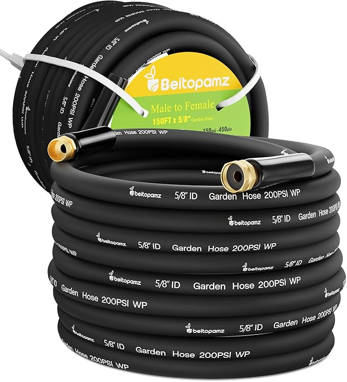 150 ft Garden Hose, 5/8 in Heavy Duty Water Hose, Flexible and Durable, Lightweight Rubber Hybrid Hose, Leak-Free Connections, Male to Female 3/4'' Brass Fittings for Patio, Lawn, Black