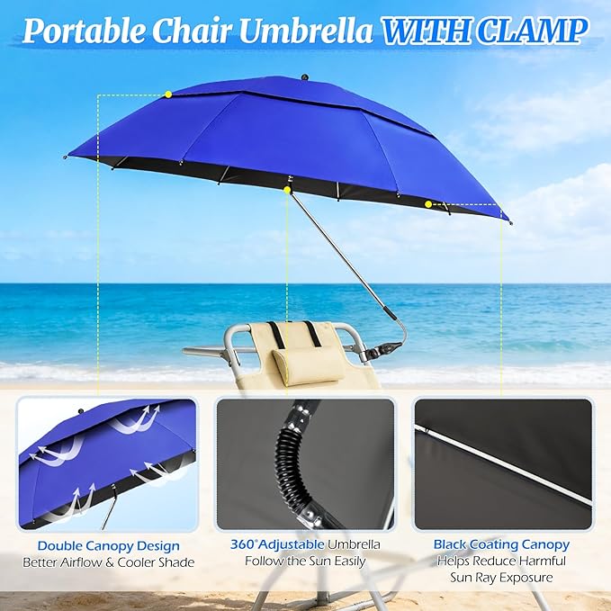 2 Pack 40.9'' Beach Chair Umbrella with 360° Adjustable Canopy & 270° Flexible Clamp, Double Canopy Sun Protection for Wheelchair, Patio, Golf Cart, Camping