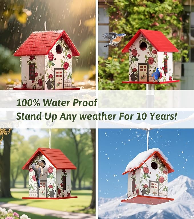 CEDAR ALPHA 2026 Spring Melody Bird House, Composite Material Nesting Box, Hanging Birdhouse for Blue Bird, Squirrel Proof Birdhouse for Outside, 10 Years Weatherable Pole Mountable Bird House (Red)