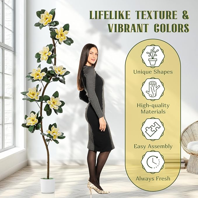 Jexine 7 ft Artificial Rubber Tree with 9 Magnolia Flowers in Pot Extra Tall Faux Magnolia Tree Fake Plant Indoor Floor Plant for Indoor Living Room Office Home Decor