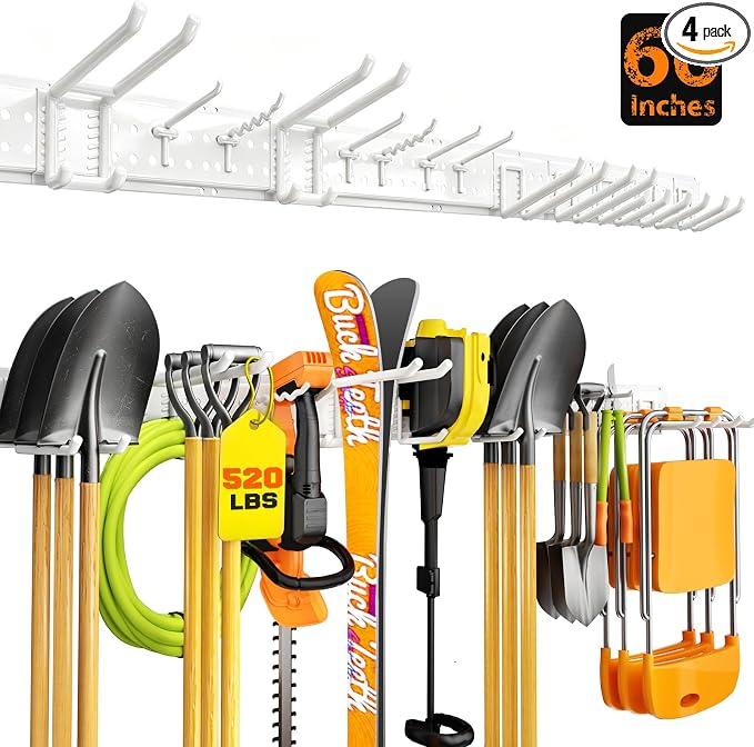 Garage Tool Organizer Wall Mount 66 inches with 13 Adjustable Heavy-Duty Hooks, Garage Organization, Garden Tool Storage Rack for Garage,Yard,Shed, Holds Up to 520 lbs,White