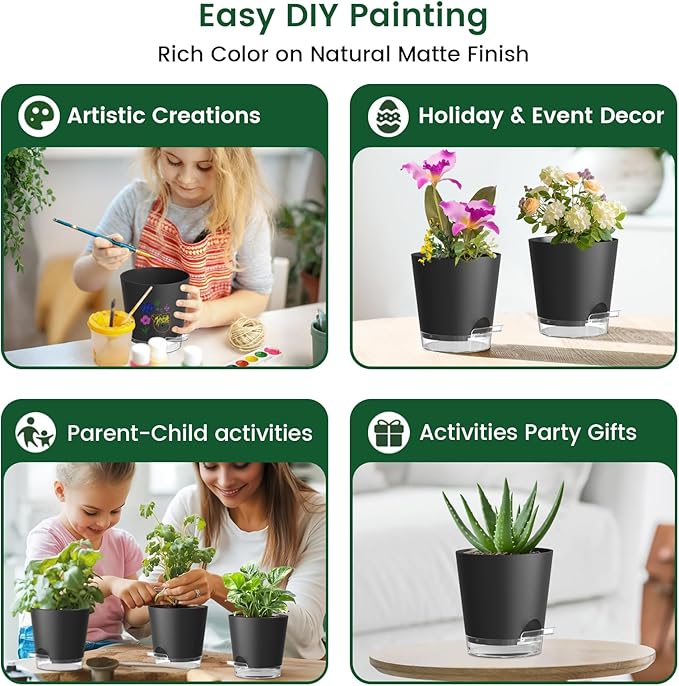 Meowell 8 inch Self Watering Pots for Indoor Outdoor Plants, 2 Pack Flower Plant Pots with Drainage Holes & Clear Reservoir for Visible Water Level, Plastic Wicking Planters for House Plants, Black