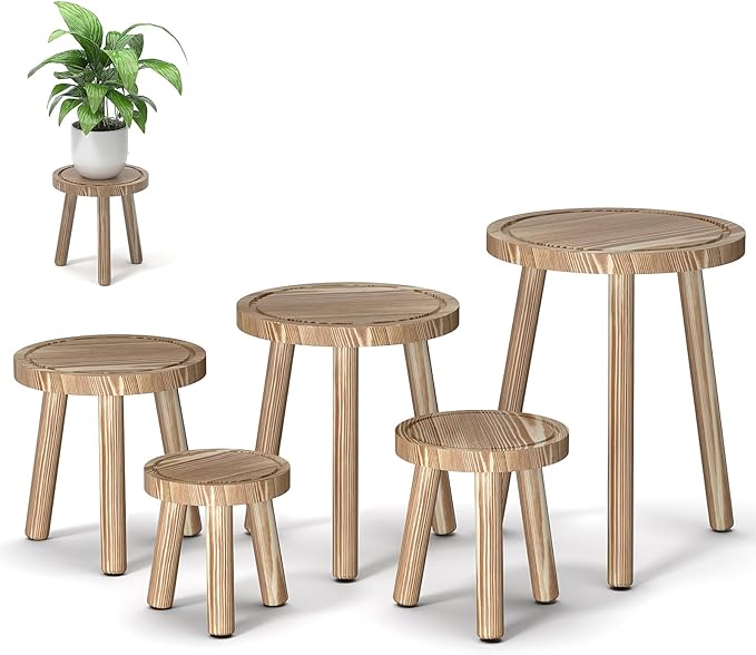 5-Pack Wood Plant Stands Indoor, Single Plant Stand for 6-12 Inch Pots, Mid-Century Modern Plant Stool, Tall Plant Stand for Large Plants for Living Room, Balcony, Office (Light Brown)