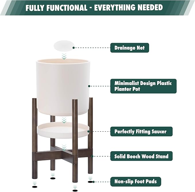 D'vine Dev Planter Pot with Stand - 14 Inch Plastic Cylinder Flower Pot with Wood Planter Holder for Indoor, Oatmeal Pot + Walnut Color Stand, 55-C-R-3