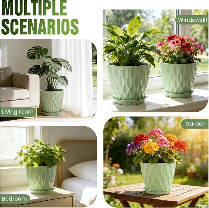 8" Water Wave Plant Pots with Drainage Holes & Saucers, 4 Pack Modern Textured Medium Planters for Indoor Outdoor Plants, Decorative Flower Pots Repotting Set for Flowers, Herbs (Green)
