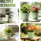 8" Water Wave Plant Pots with Drainage Holes & Saucers, 4 Pack Modern Textured Medium Planters for Indoor Outdoor Plants, Decorative Flower Pots Repotting Set for Flowers, Herbs (Green)
