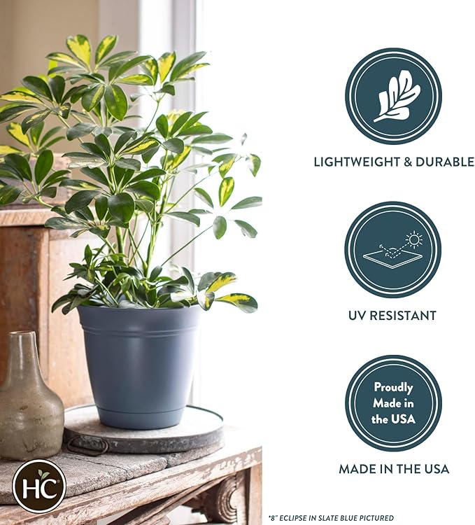 The HC Companies Eclipse Round Planter with Saucer - Outdoor & Indoor Plant Pot with Drainage Holes - Lightweight, UV-Resistant Plastic Pots for Plants, Flowers & Herbs (10" Black, Pack of 1)