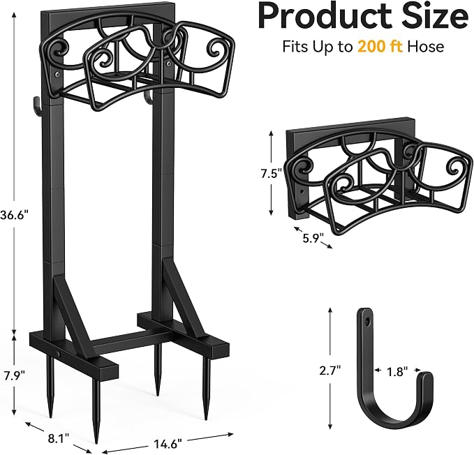 Garden Hose Holder Stand, Freestanding Metal Water Hose Storage Rack with Hooks for Outside Yard Lawn, Heavy Duty
