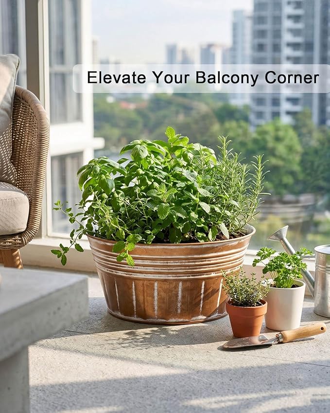 vensovo 10 Inches Brown Metal Rustic Plant Pots - 4 Pcs Large Shallow Galvanized Planters with Drain Hole and Rubber Plug, Rustproof Tin Bucket Succulent Pot Indoor Farmhouse Vintage Style for Decor
