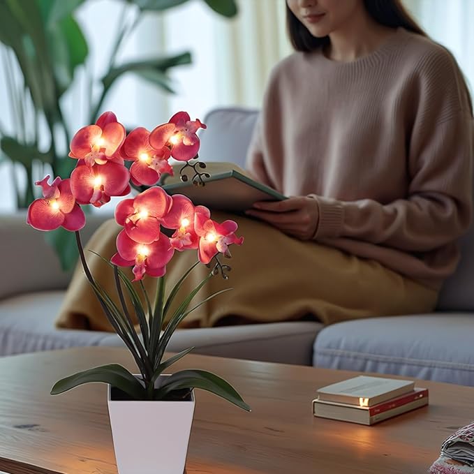 HOMESEASONS Orchid Lamp-LED Lighted Orchid Arrangements,Pre Lit Artificial Orchid,Light Up Flower Lights, Faux Orchid Phalaenopsis Arrangement (Purple)