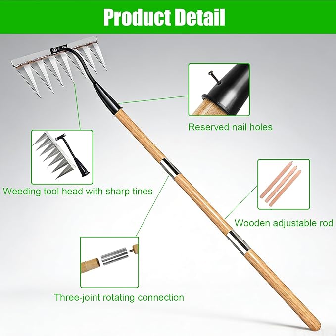 Garden Rake with Long Handle, 55" Gardening Tools Heavy Duty Rake, 7 Tines Sharp Edge Garden Weeding Tools, All Steel Hardened Hoe Garden Hand Rake Tools for Backyard Lawn Loosening Planting Weeding