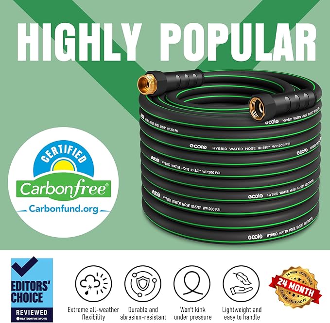 Heavy Duty Garden Hose 100 ft, NON-EXPANDABLE Water Hose with 10 Function Spray Nozzle, Lightweight Kink-less Hybrid Hose with Swivel Handle, Male to Female Fittings