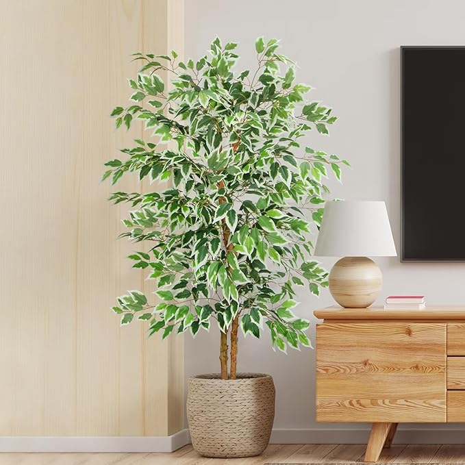 GTIDEA 2 Pcs 5ft Ficus Artificial Trees, Tall Faux Trees with Natural Trunk, Fake Silk Tree Artificial Plants for Home Decor Indoor Living Room Outdoor Balcony House Office (Included Dried Moss)