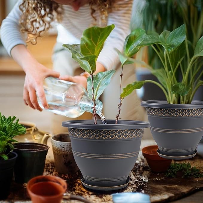 Usocik 10 Inch 4 Pack Plant Pots, Plastic Flower Pot for Indoor & Outdoor with Drainage Holes & Saucer, Plaid Pattern Planters Garden Pots for Herbs