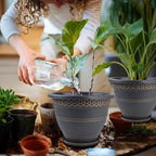 Usocik 10 Inch 4 Pack Plant Pots, Plastic Flower Pot for Indoor & Outdoor with Drainage Holes & Saucer, Plaid Pattern Planters Garden Pots for Herbs