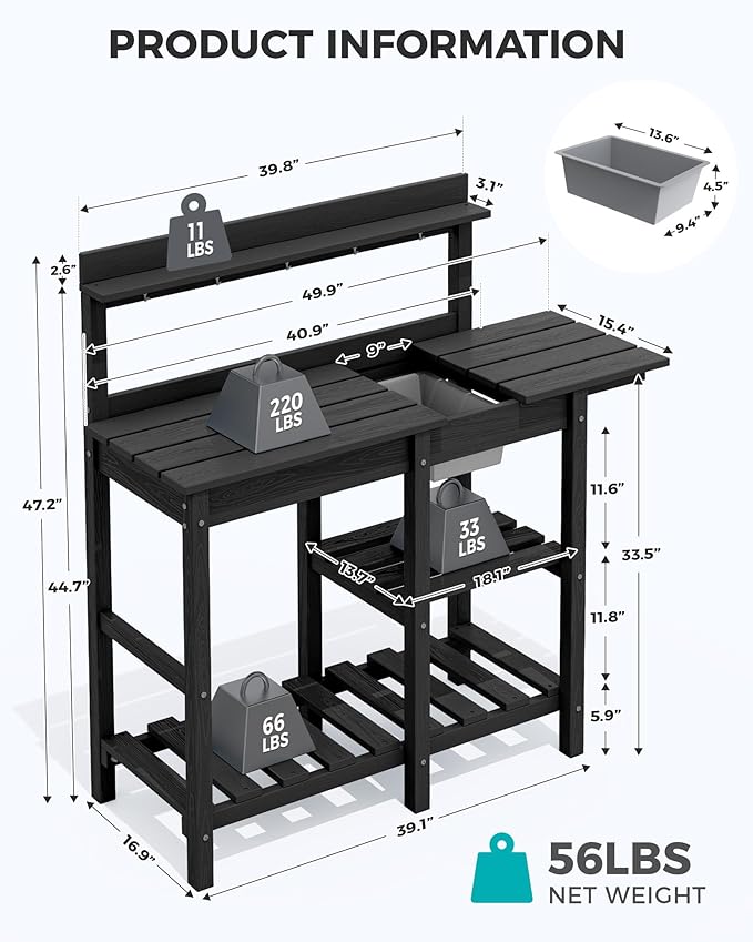 SERWALL Outdoor Potting Bench 2-Piece Set, Rot-Resistant HDPE Potting Table with Removable Sink for Outside Gardening, All-Weather Use - Black