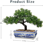 Artificial Bonsai Tree with Blue and White Porcelain Pot, Fake Pine Bonsai for Home Office Desk Decor, Oriental Zen Tabletop Decoration, Faux Bonsai Plant for Living Room, Shelf & Gift