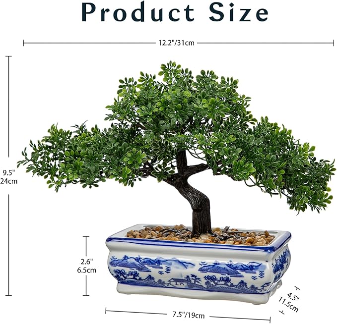 Artificial Bonsai Tree with Blue and White Porcelain Pot, Fake Pine Bonsai for Home Office Desk Decor, Oriental Zen Tabletop Decoration, Faux Bonsai Plant for Living Room, Shelf & Gift