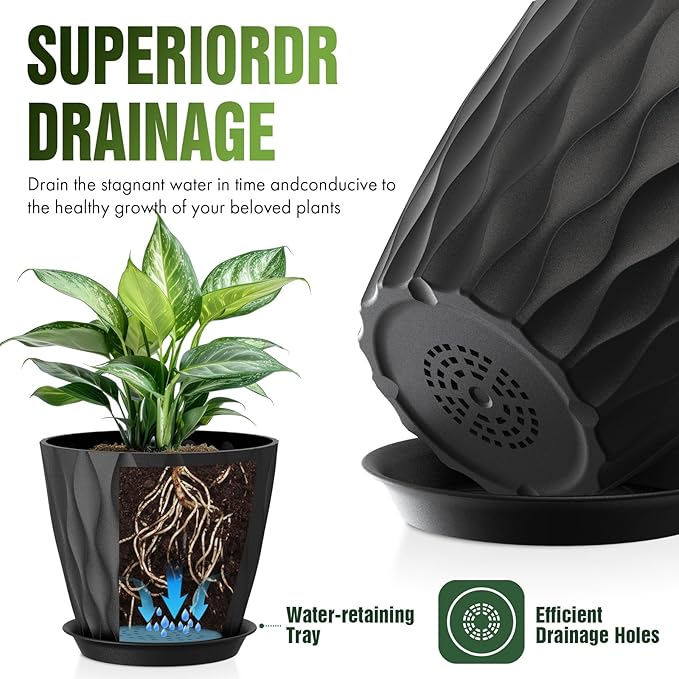 8" Water Wave Plant Pots with Drainage Holes & Saucers, 4 Pack Modern Textured Medium Planters for Indoor Outdoor Plants, Decorative Flower Pots Repotting Set for Flowers, Herbs (Black)