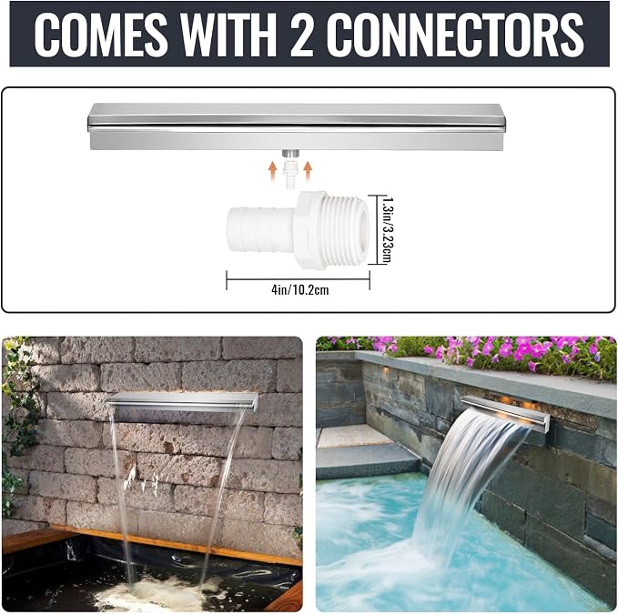Pool Waterfall Fountains, Stainless Steel Rectangular Pool Waterfall Spillway with Pipe Connector for Indoor/Outdoor Decorative (17.7 Inch)