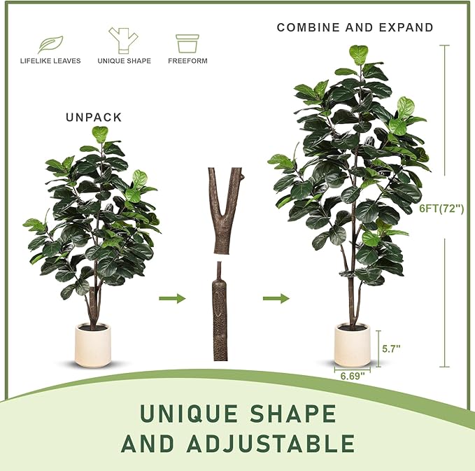 Fiddle Leaf Fig Tree Artificial - 6ft Faux Fiddle Leaf Fig Tree with White Planter - Fig Tree Artificial with Lifelike Leaves for House Office Living Room Indoor Home Decor