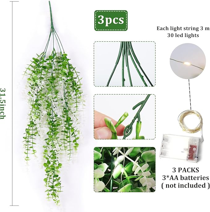 Hanging Monkey Grass Artificial Plants with Lights Outdoor Faux Draping Plants Indoor Artificial Hanging Plants Wall Decor Fake Hanging Planta for Wall House Room Patio Bedroom Decoration(White)