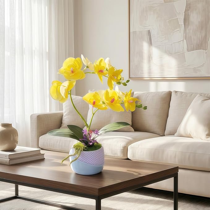 Artificial Orchid with 3D Printed Vase, Lifelike Fake Phalaenopsis Orchid Flowers, Realistic Silk Orchids for Home Decor Living Room (Yellow)