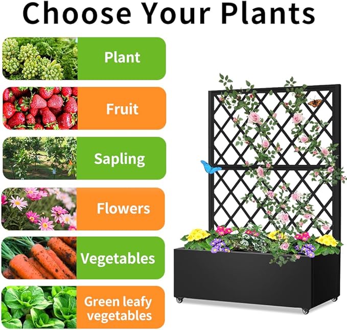 Metal Planter Box with Privacy Screen Trellis,Galvanized Raised Garden Bed On Wheels for Climbing Plants Vines, Standing Garden Flower Bed with Drainage Holes (Black, 35" L x16 W x 55" H)