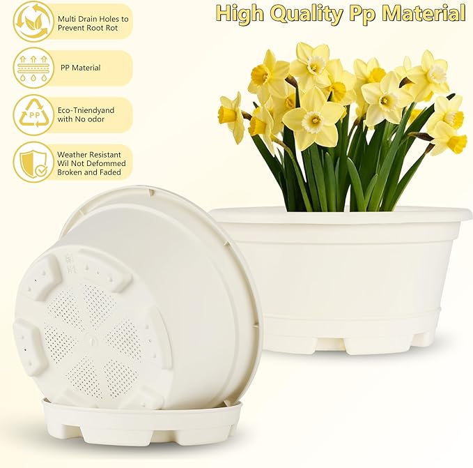KPUVX 5 Pack 10.5 inch Plant Pots,Planter-Pots-for-Plants，Plastic Flower Pot for Indoor Outdoor Plants with Drainage Holes & Trays, Decorative Garden Containers Sets for Houseplants