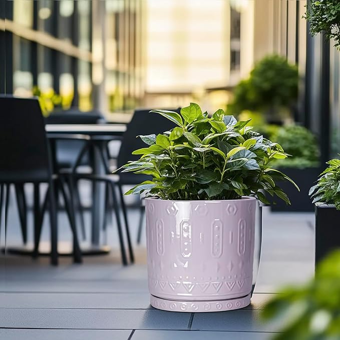 Ceramic Plant Pots, 12 Inch Pots for Plants Indoor Outdoor, Round Planter with Drainage Hole and Tray, Modern Decorative Flower Pot, Home Apartment Decor, House Warming Gifts, Purple