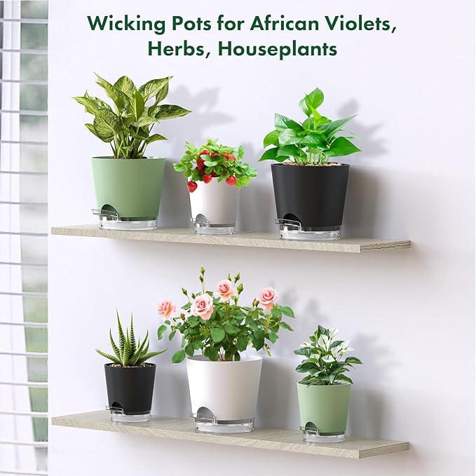 Meowell Self Watering Pots Pack of 6 – Different Size 4" to 7" Indoor Plant Pots with Drainage Holes and Clear Reservoir for Visible Water Level, Plastic Wicking Planters for House Plants, White