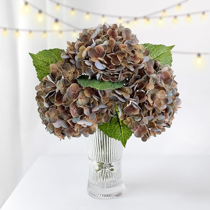 ZYTUYO 3PCS Brown Hydrangeas Artificial Flower 21" Real Touch Faux Latex Fake Hydrangeas Silk Bouquet for Home Kitchen Living Room Spring Table Office Wedding Party Arrangement